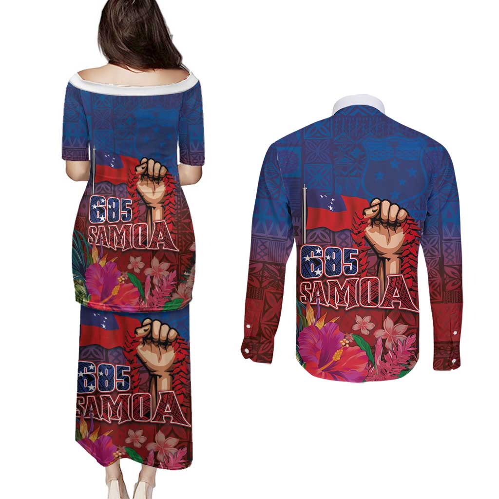 Proud of Samoa Couples Matching Puletasi and Long Sleeve Button Shirt Ula Nifo with Samoa 685 and Hibiscus Tapa Tribal Pattern