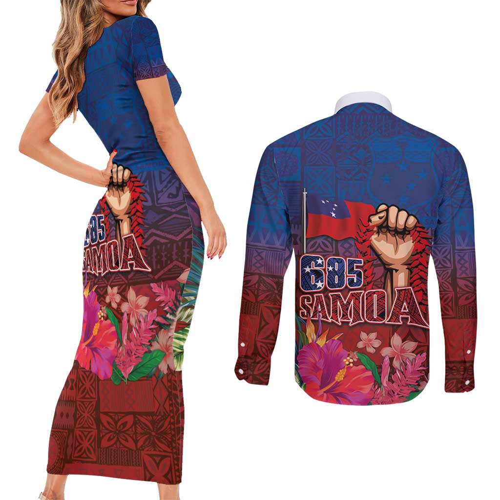 Proud of Samoa Couples Matching Short Sleeve Bodycon Dress and Long Sleeve Button Shirt Ula Nifo with Samoa 685 and Hibiscus Tapa Tribal Pattern