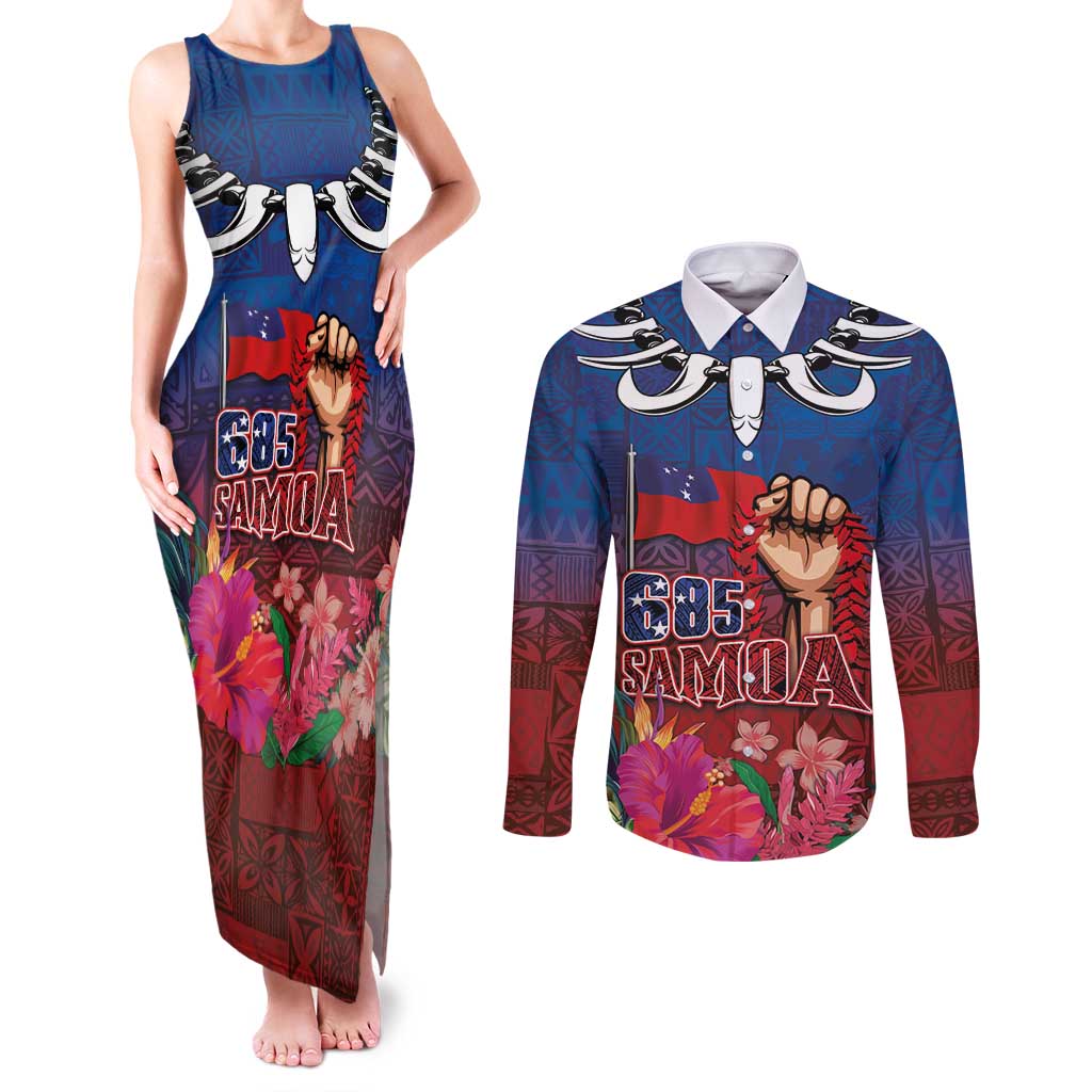 Proud of Samoa Couples Matching Tank Maxi Dress and Long Sleeve Button Shirt Ula Nifo with Samoa 685 and Hibiscus Tapa Tribal Pattern