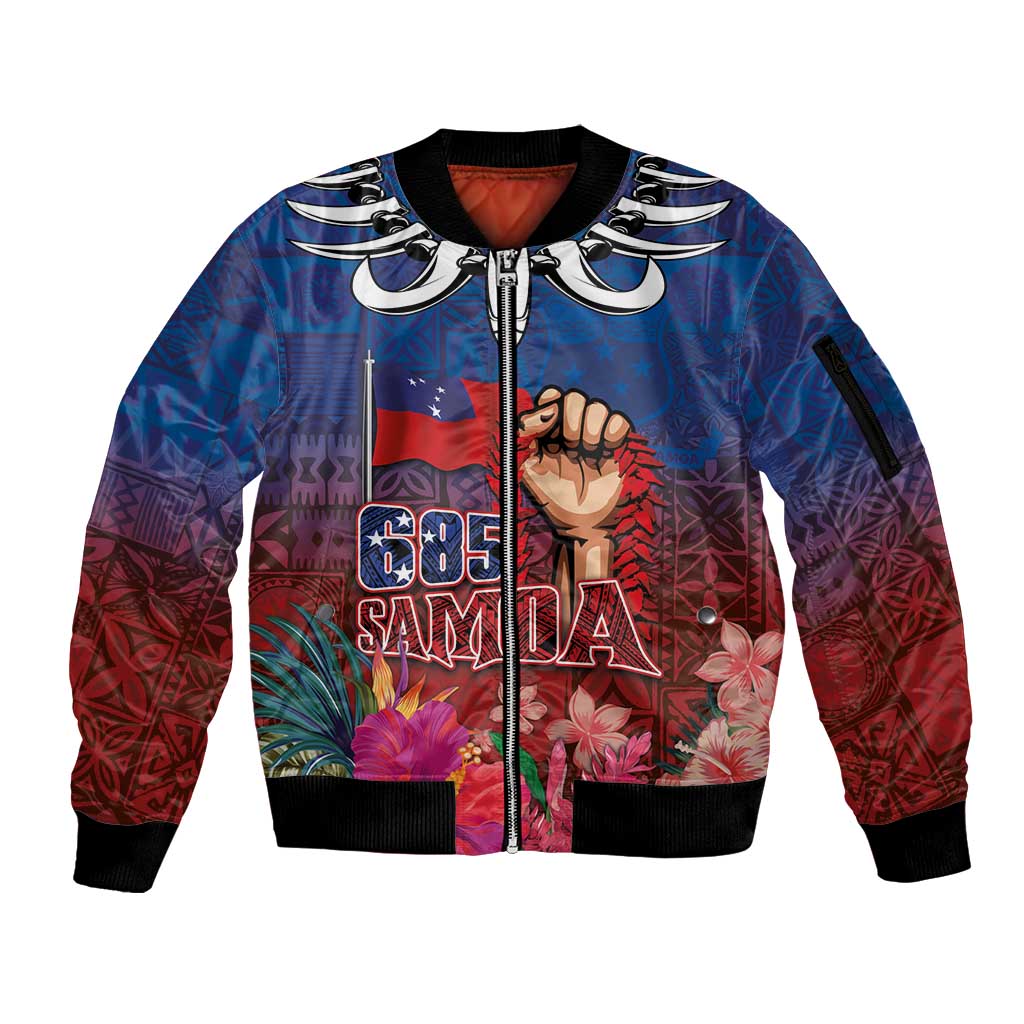 Proud of Samoa Sleeve Zip Bomber Jacket Ula Nifo with Samoa 685 and Hibiscus Tapa Tribal Pattern