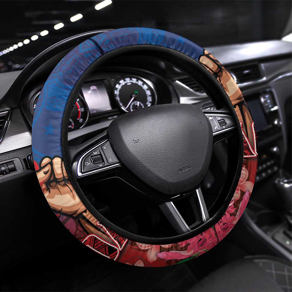 Proud of Samoa Steering Wheel Cover Ula Nifo with Samoa 685 and Hibiscus Tapa Tribal Pattern