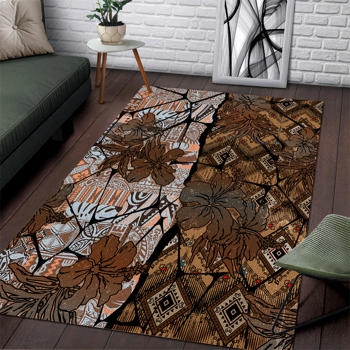 Fiji Masi Tapa Tribal Area Rug Old Hibiscus Vintage Style LT03 Brown - Polynesian Pride