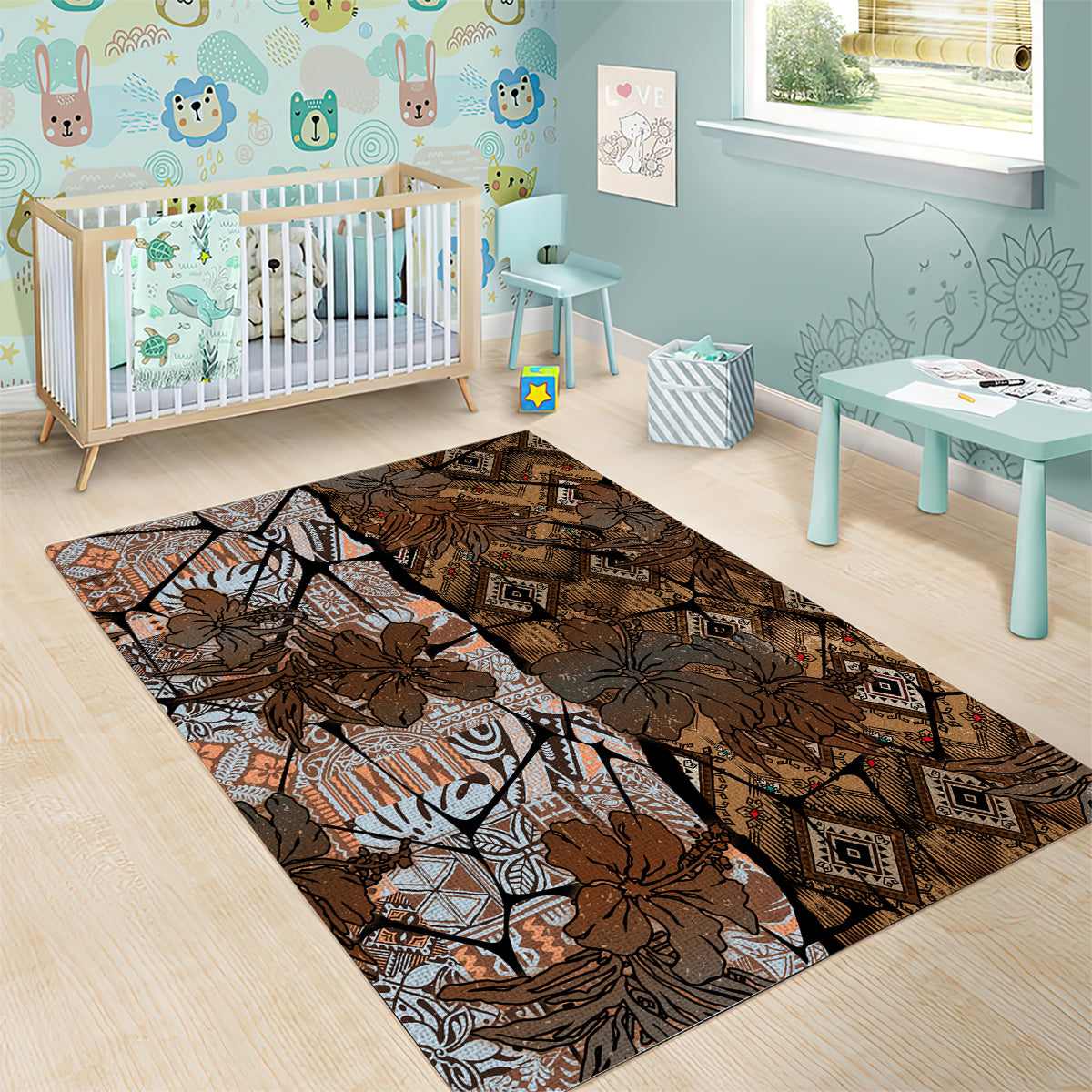 Fiji Masi Tapa Tribal Area Rug Old Hibiscus Vintage Style LT03 - Polynesian Pride