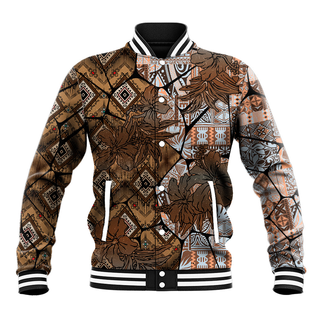 Fiji Masi Tapa Tribal Baseball Jacket Old Hibiscus Vintage Style LT03 Unisex Brown - Polynesian Pride