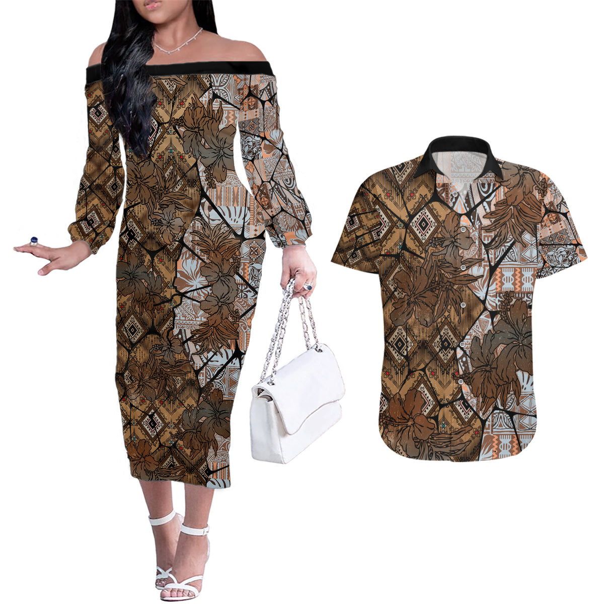 Fiji Masi Tapa Tribal Couples Matching Off The Shoulder Long Sleeve Dress and Hawaiian Shirt Old Hibiscus Vintage Style LT03 Brown - Polynesian Pride