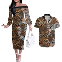Fiji Masi Tapa Tribal Couples Matching Off The Shoulder Long Sleeve Dress and Hawaiian Shirt Old Hibiscus Vintage Style LT03 Brown - Polynesian Pride