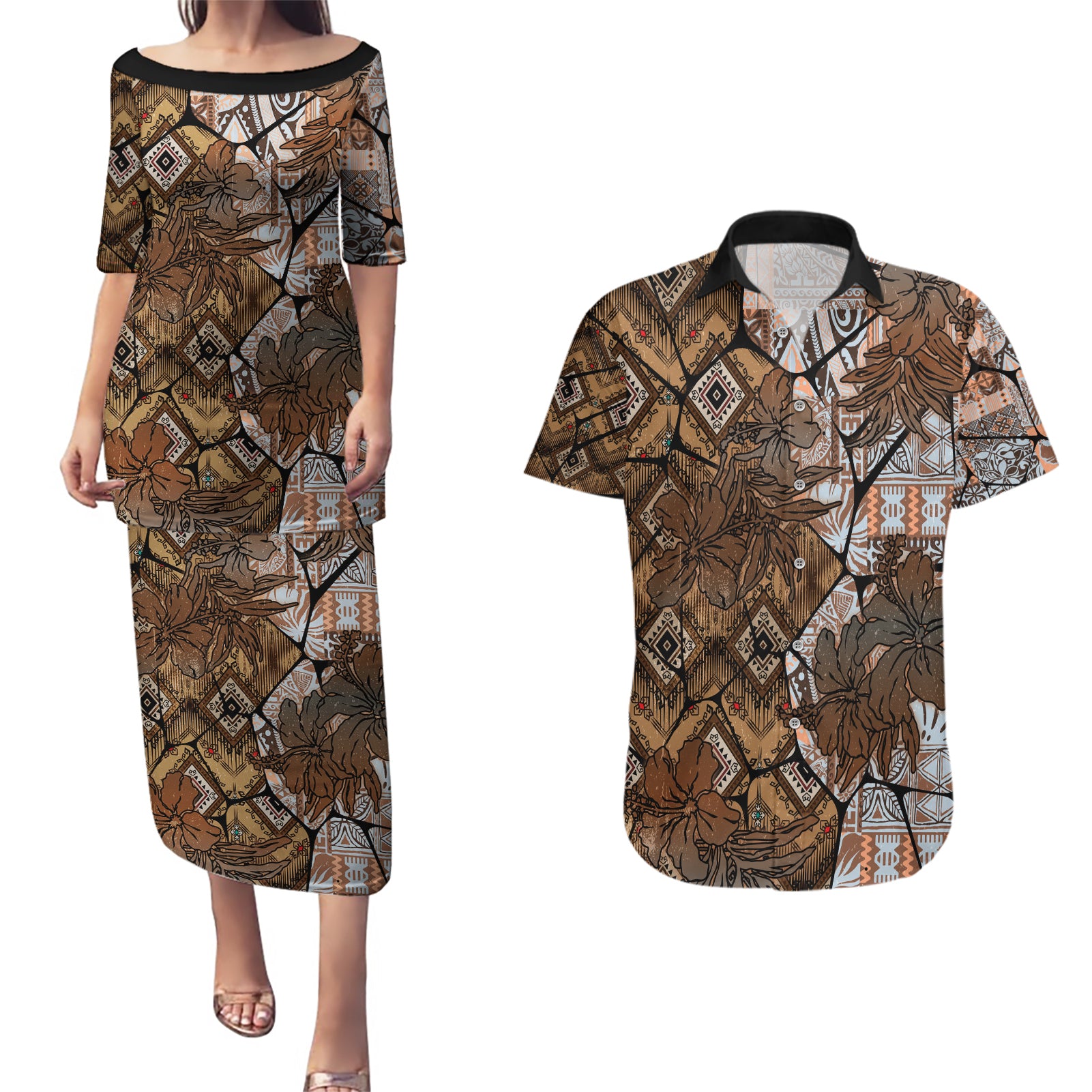 Fiji Masi Tapa Tribal Couples Matching Puletasi and Hawaiian Shirt Old Hibiscus Vintage Style LT03 Brown - Polynesian Pride