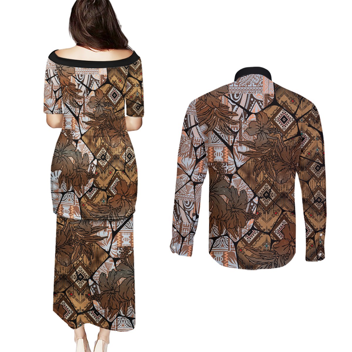 Fiji Masi Tapa Tribal Couples Matching Puletasi and Long Sleeve Button Shirt Old Hibiscus Vintage Style LT03 - Polynesian Pride