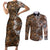 Fiji Masi Tapa Tribal Couples Matching Short Sleeve Bodycon Dress and Long Sleeve Button Shirt Old Hibiscus Vintage Style LT03 Brown - Polynesian Pride