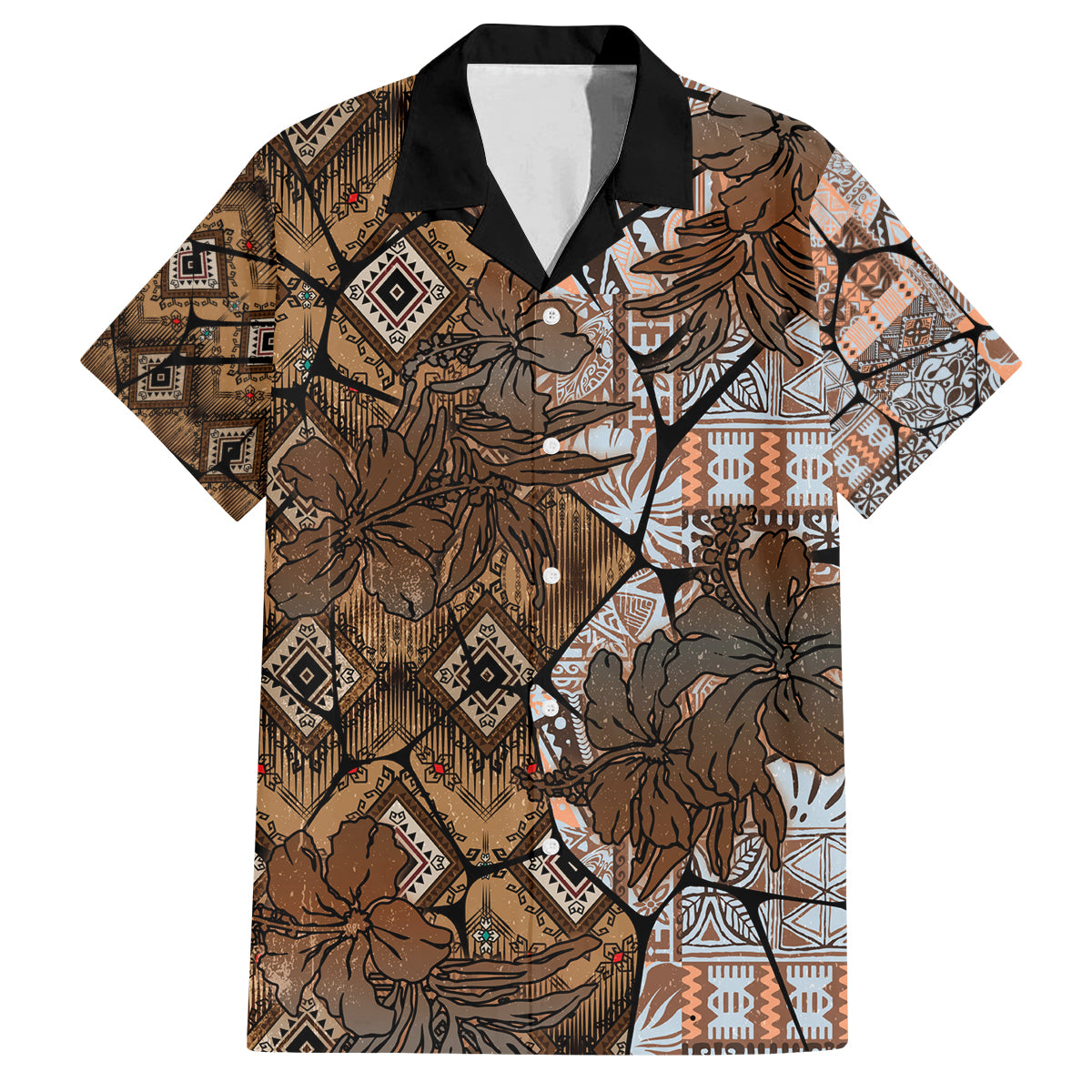 Fiji Masi Tapa Tribal Family Matching Off Shoulder Short Dress and Hawaiian Shirt Old Hibiscus Vintage Style LT03 Dad's Shirt - Short Sleeve Brown - Polynesian Pride