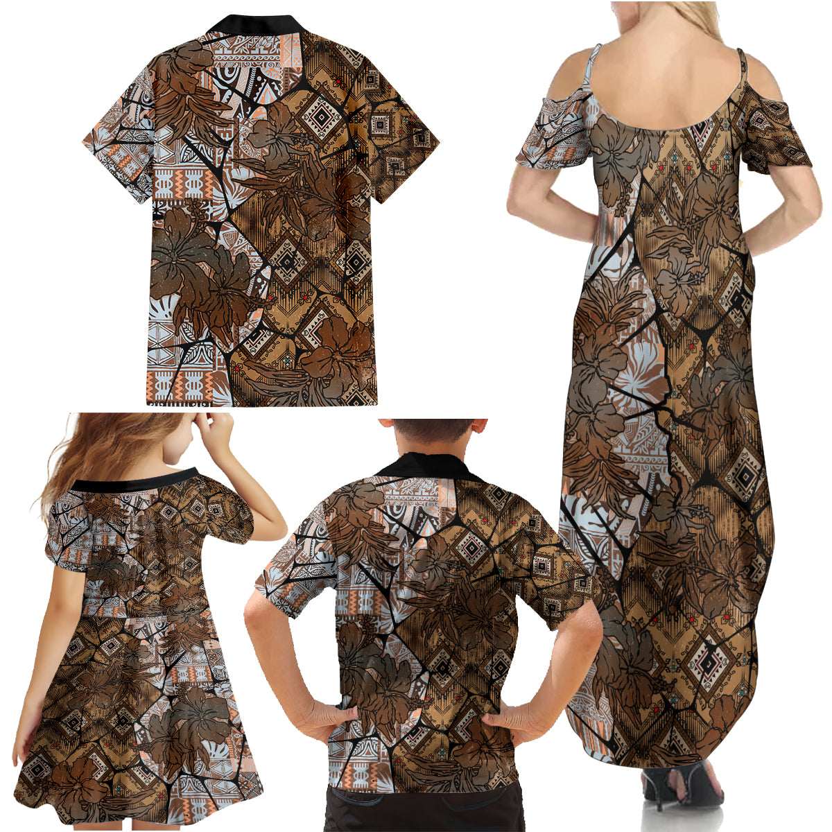 Fiji Masi Tapa Tribal Family Matching Summer Maxi Dress and Hawaiian Shirt Old Hibiscus Vintage Style LT03 - Polynesian Pride