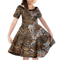 Fiji Masi Tapa Tribal Family Matching Tank Maxi Dress and Hawaiian Shirt Old Hibiscus Vintage Style LT03 Daughter's Dress Brown - Polynesian Pride