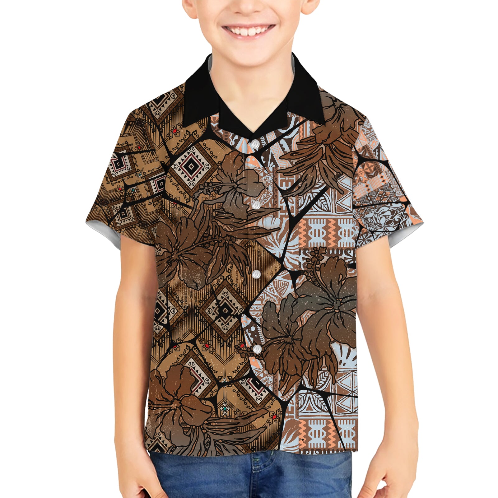 Fiji Masi Tapa Tribal Kid Hawaiian Shirt Old Hibiscus Vintage Style LT03 Kid Brown - Polynesian Pride