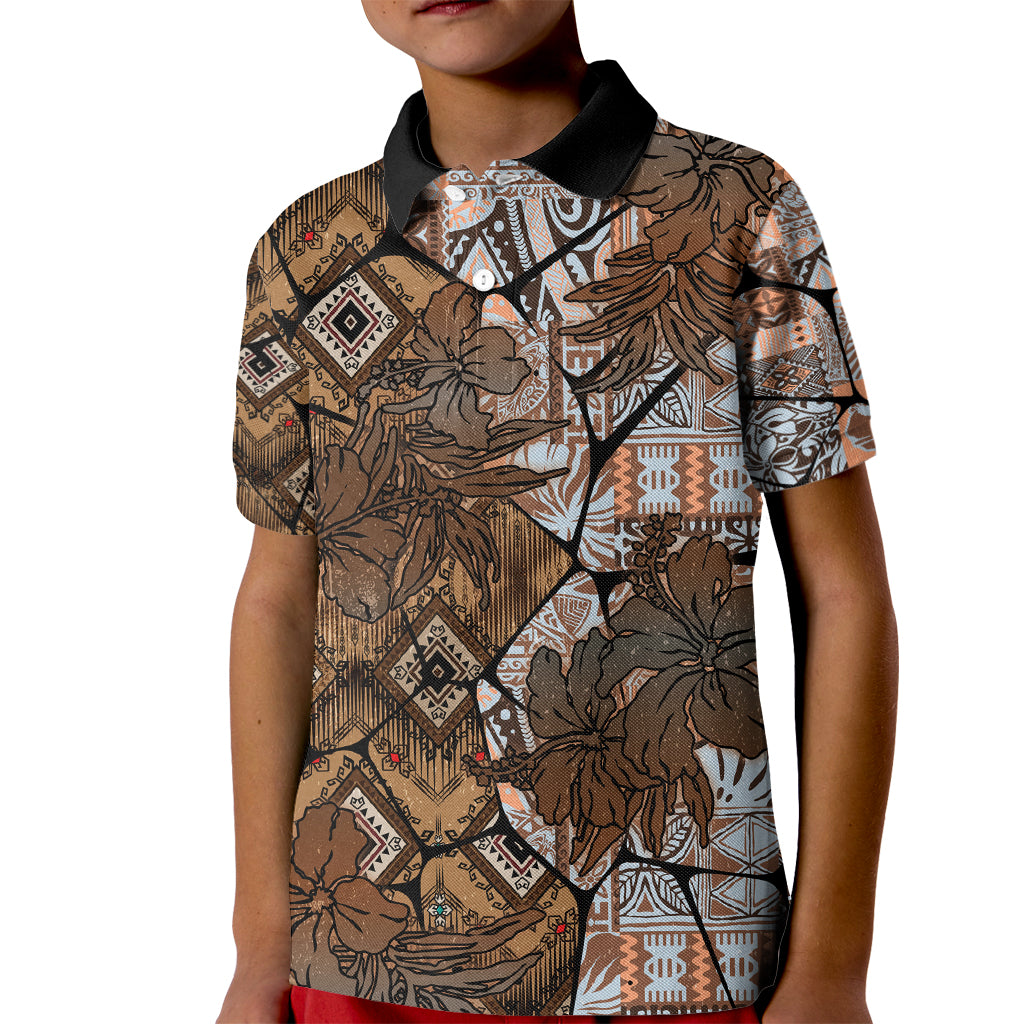 Fiji Masi Tapa Tribal Kid Polo Shirt Old Hibiscus Vintage Style LT03 Kid Brown - Polynesian Pride