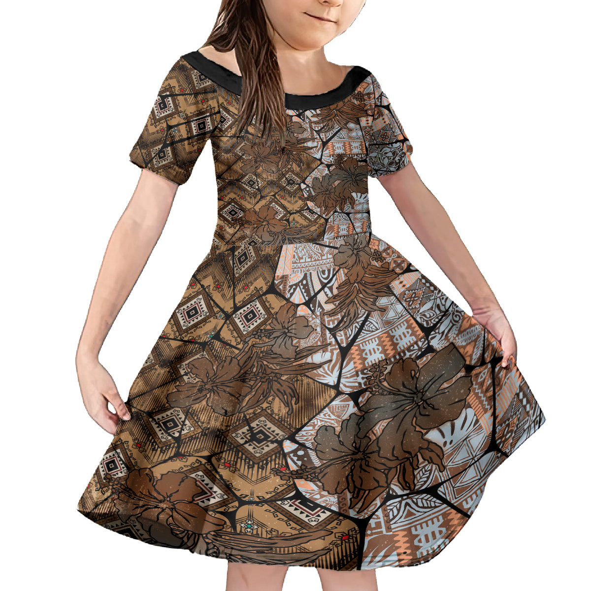 Fiji Masi Tapa Tribal Kid Short Sleeve Dress Old Hibiscus Vintage Style LT03 KID Brown - Polynesian Pride
