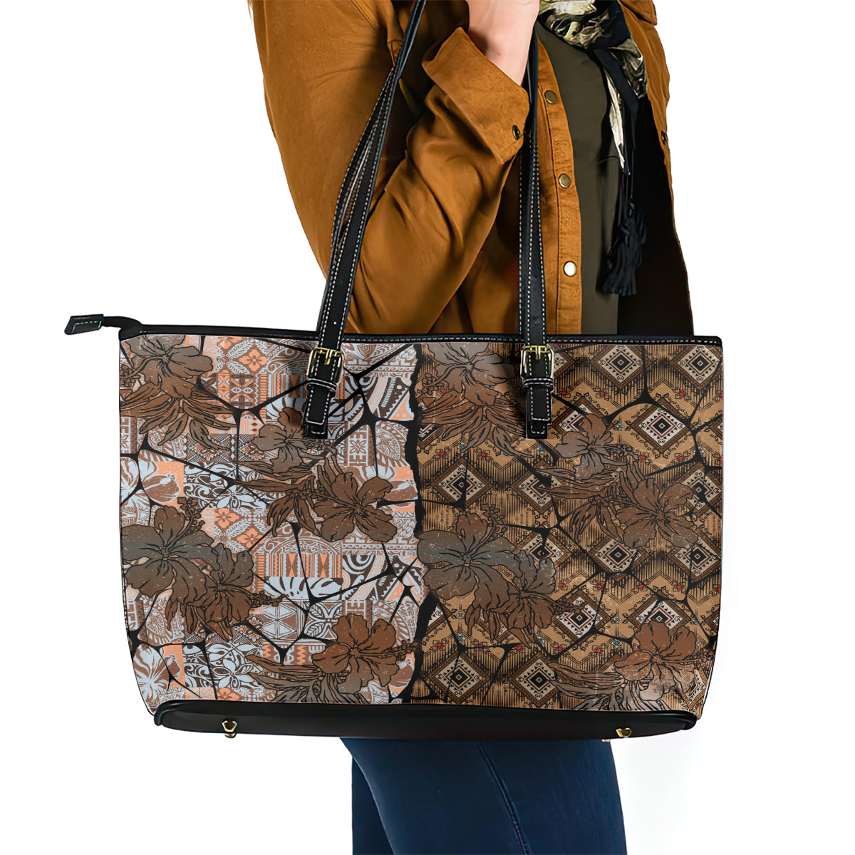 Fiji Masi Tapa Tribal Leather Tote Bag Old Hibiscus Vintage Style LT03 - Polynesian Pride