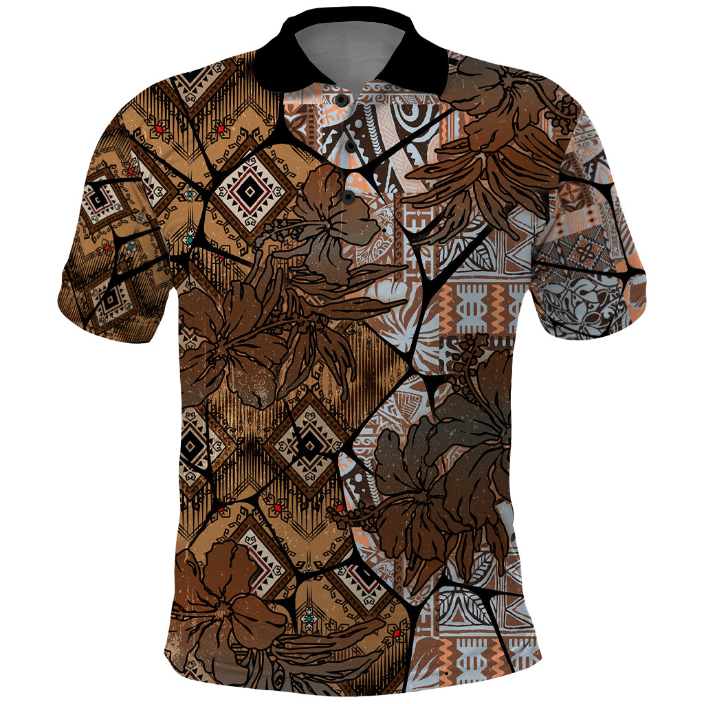 Fiji Masi Tapa Tribal Polo Shirt Old Hibiscus Vintage Style LT03 Brown - Polynesian Pride