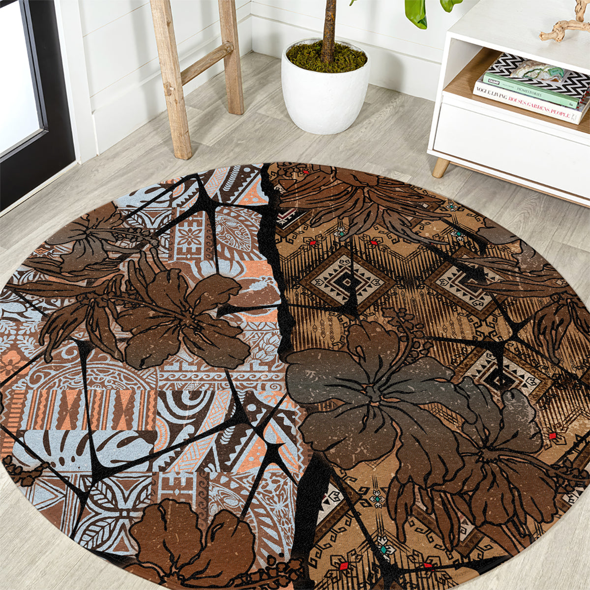 Fiji Masi Tapa Tribal Round Carpet Old Hibiscus Vintage Style LT03 Brown - Polynesian Pride