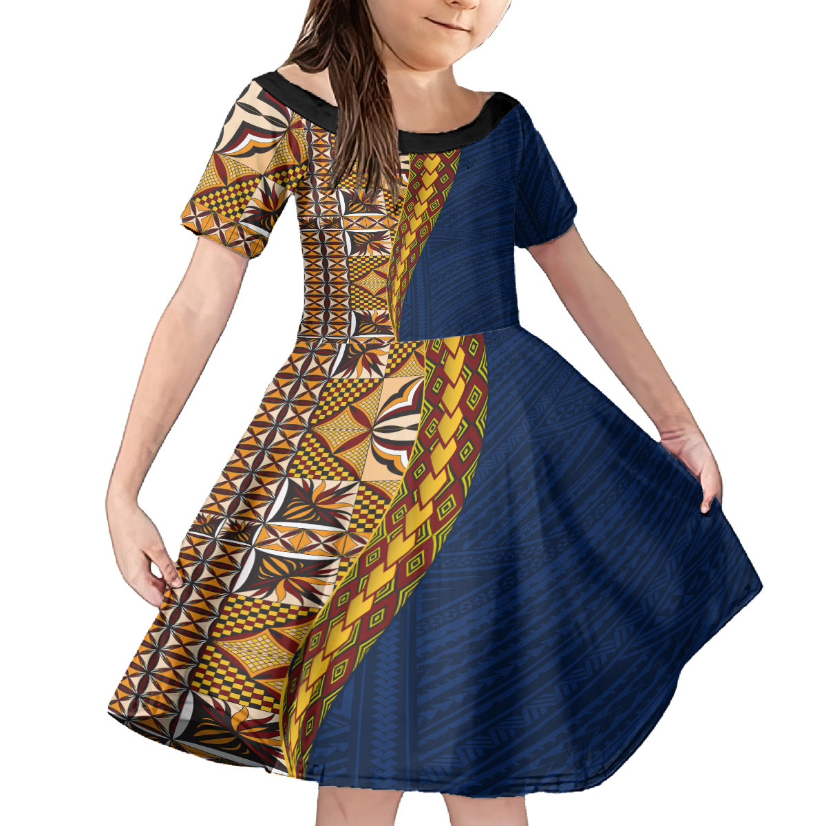 Samoan Siapo Family Matching Long Sleeve Bodycon Dress and Hawaiian Shirt Tatau Pattern Half Style LT03 Daughter's Dress Yellow - Polynesian Pride