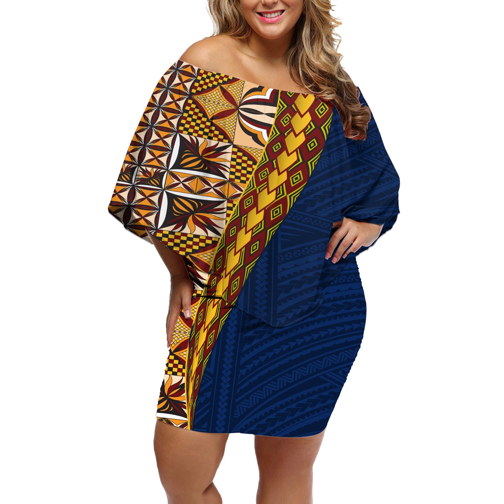 Samoan Siapo Off Shoulder Short Dress Tatau Pattern Half Style LT03 Women Yellow - Polynesian Pride