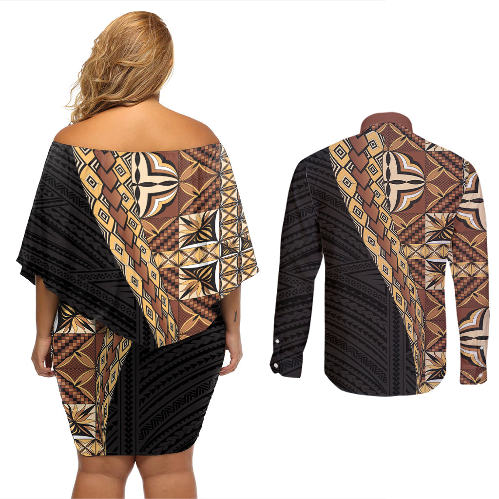 Samoan Siapo Couples Matching Off Shoulder Short Dress and Long Sleeve Button Shirt Tatau Pattern Half Style Retro Mode LT03 - Polynesian Pride