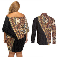 Samoan Siapo Couples Matching Off Shoulder Short Dress and Long Sleeve Button Shirt Tatau Pattern Half Style Retro Mode LT03 - Polynesian Pride