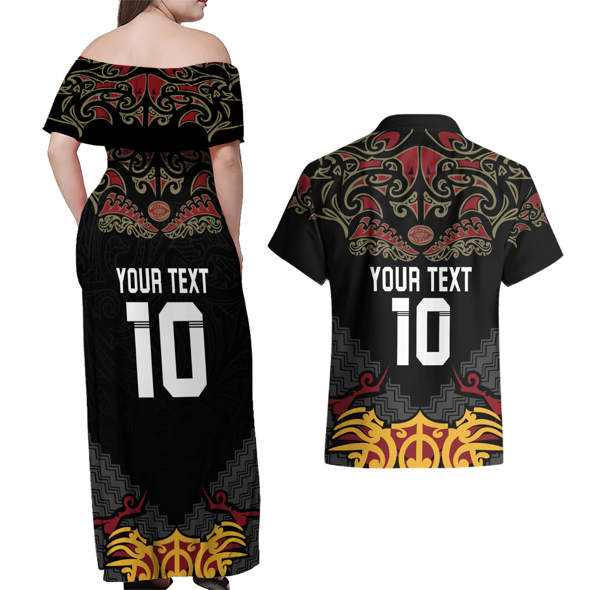 Custom New Zealand Rugby Couples Matching Off Shoulder Maxi Dress and Hawaiian Shirt Black Fern Maori Tribal Pattern LT03 - Polynesian Pride