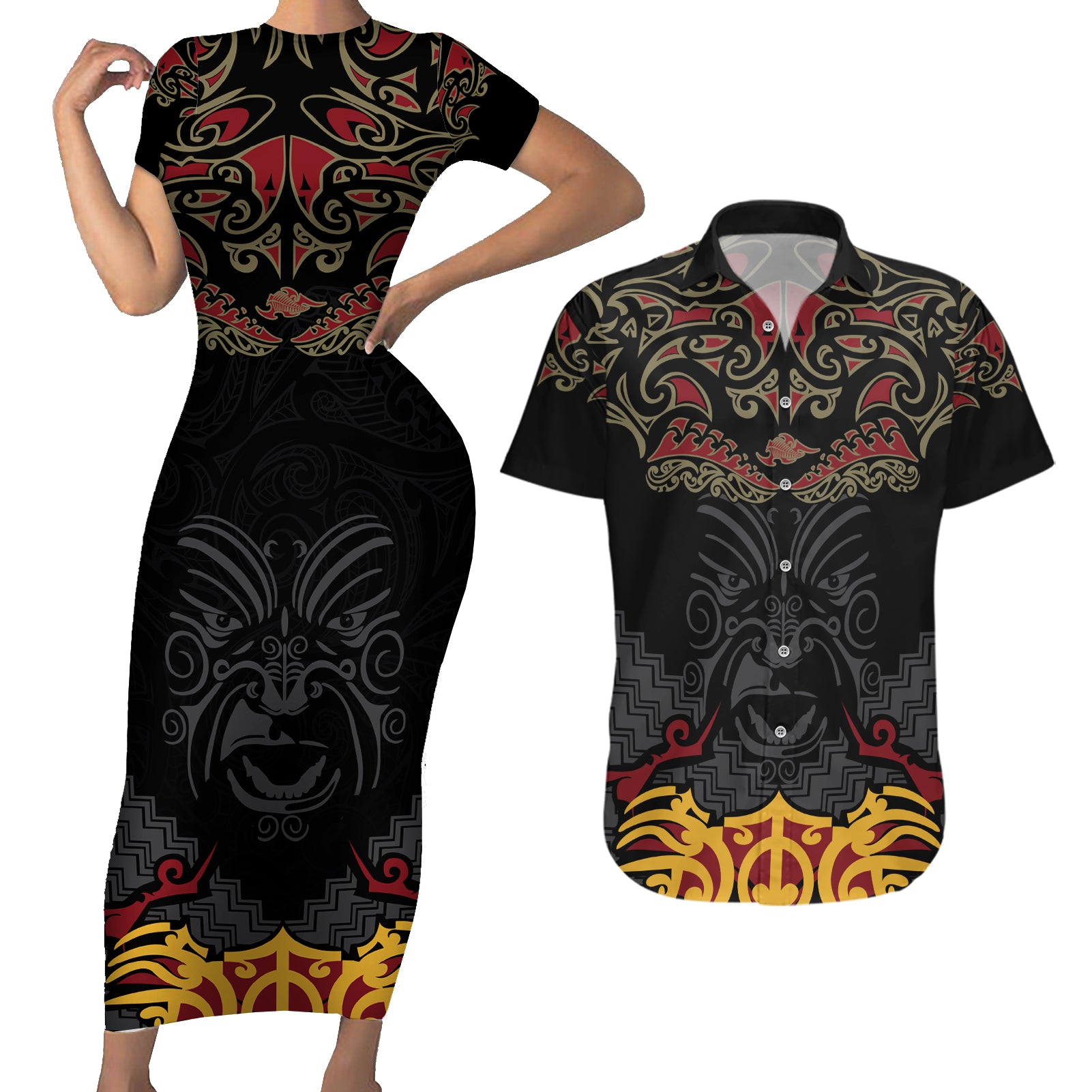 Custom New Zealand Rugby Couples Matching Short Sleeve Bodycon Dress and Hawaiian Shirt Black Fern Maori Tribal Pattern LT03 Black - Polynesian Pride