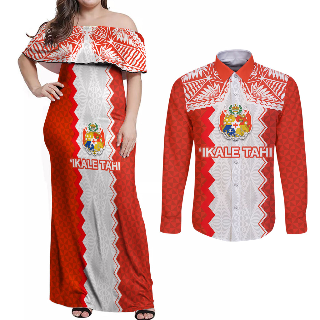 Custom Tonga Rugby Couples Matching Off Shoulder Maxi Dress and Long Sleeve Button Shirt Ikale Tahi Ngatu Tribal Pattern LT03