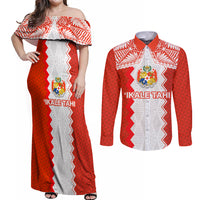 Custom Tonga Rugby Couples Matching Off Shoulder Maxi Dress and Long Sleeve Button Shirt Ikale Tahi Ngatu Tribal Pattern LT03