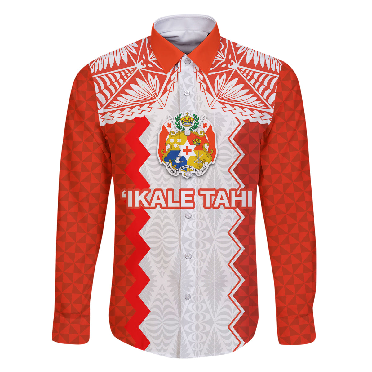 Custom Tonga Rugby Family Matching Mermaid Dress and Hawaiian Shirt Ikale Tahi Ngatu Tribal Pattern LT03 Dad's Shirt - Long Sleeve Orange - Polynesian Pride