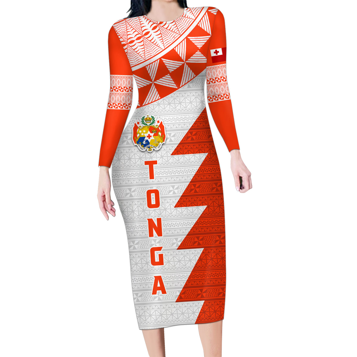 Custom Tonga Rugby Family Matching Long Sleeve Bodycon Dress and Hawaiian Shirt Ikale Tahi Ngatu Tribal Pattern Half Style LT03 Mom's Dress Orange - Polynesian Pride