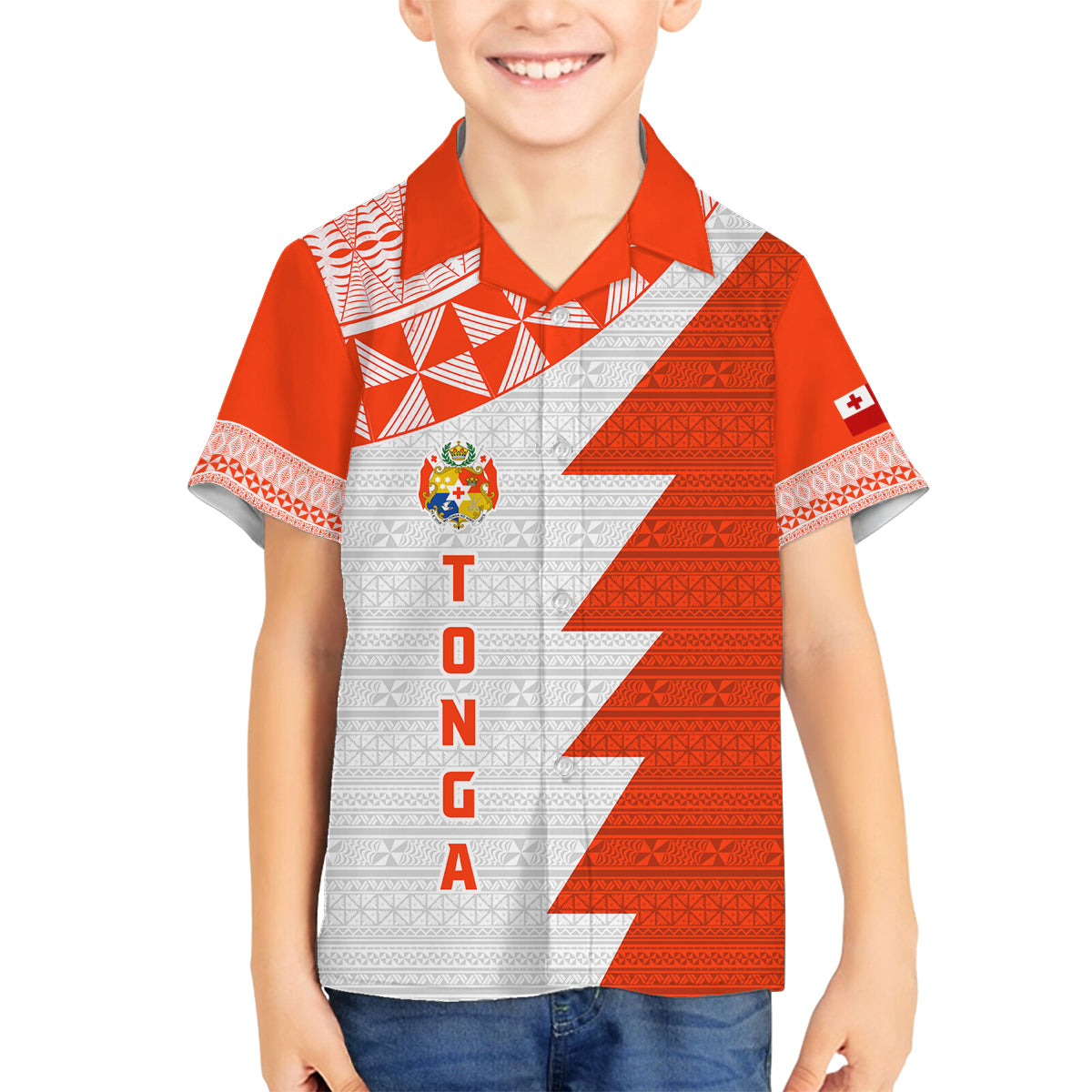 Custom Tonga Rugby Family Matching Long Sleeve Bodycon Dress and Hawaiian Shirt Ikale Tahi Ngatu Tribal Pattern Half Style LT03 Son's Shirt Orange - Polynesian Pride