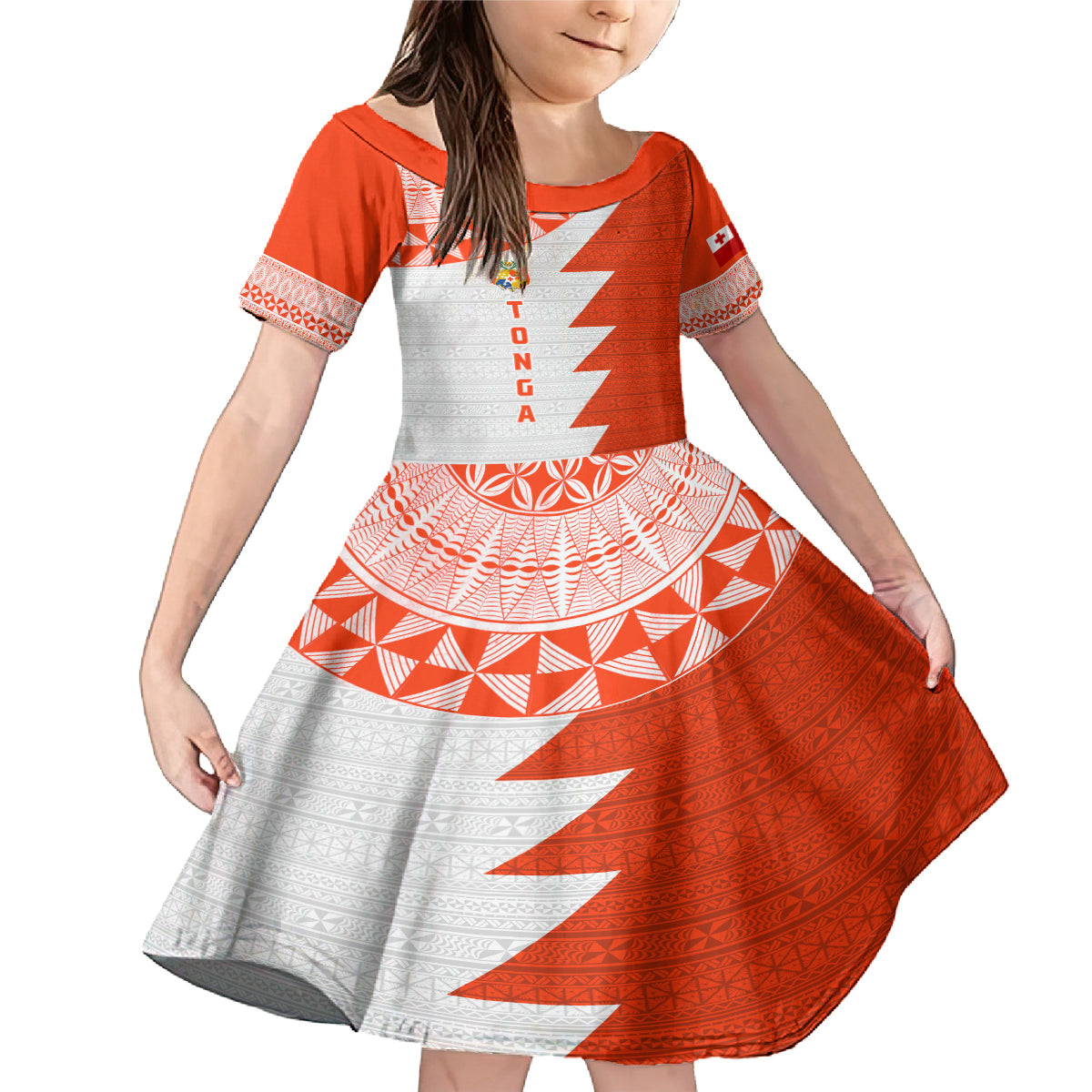 Custom Tonga Rugby Family Matching Mermaid Dress and Hawaiian Shirt Ikale Tahi Ngatu Tribal Pattern Half Style LT03 Daughter's Dress Orange - Polynesian Pride