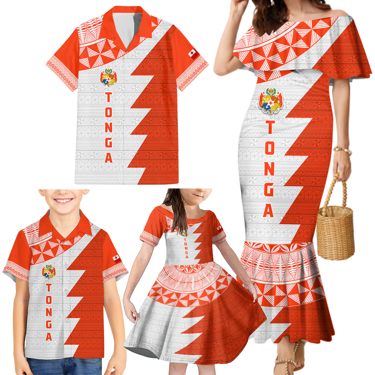 Custom Tonga Rugby Family Matching Mermaid Dress and Hawaiian Shirt Ikale Tahi Ngatu Tribal Pattern Half Style LT03 - Polynesian Pride
