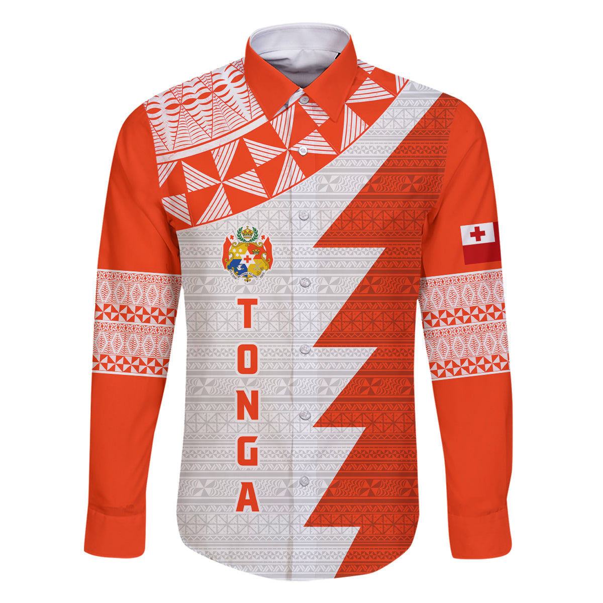 Custom Tonga Rugby Family Matching Mermaid Dress and Hawaiian Shirt Ikale Tahi Ngatu Tribal Pattern Half Style LT03 Dad's Shirt - Long Sleeve Orange - Polynesian Pride