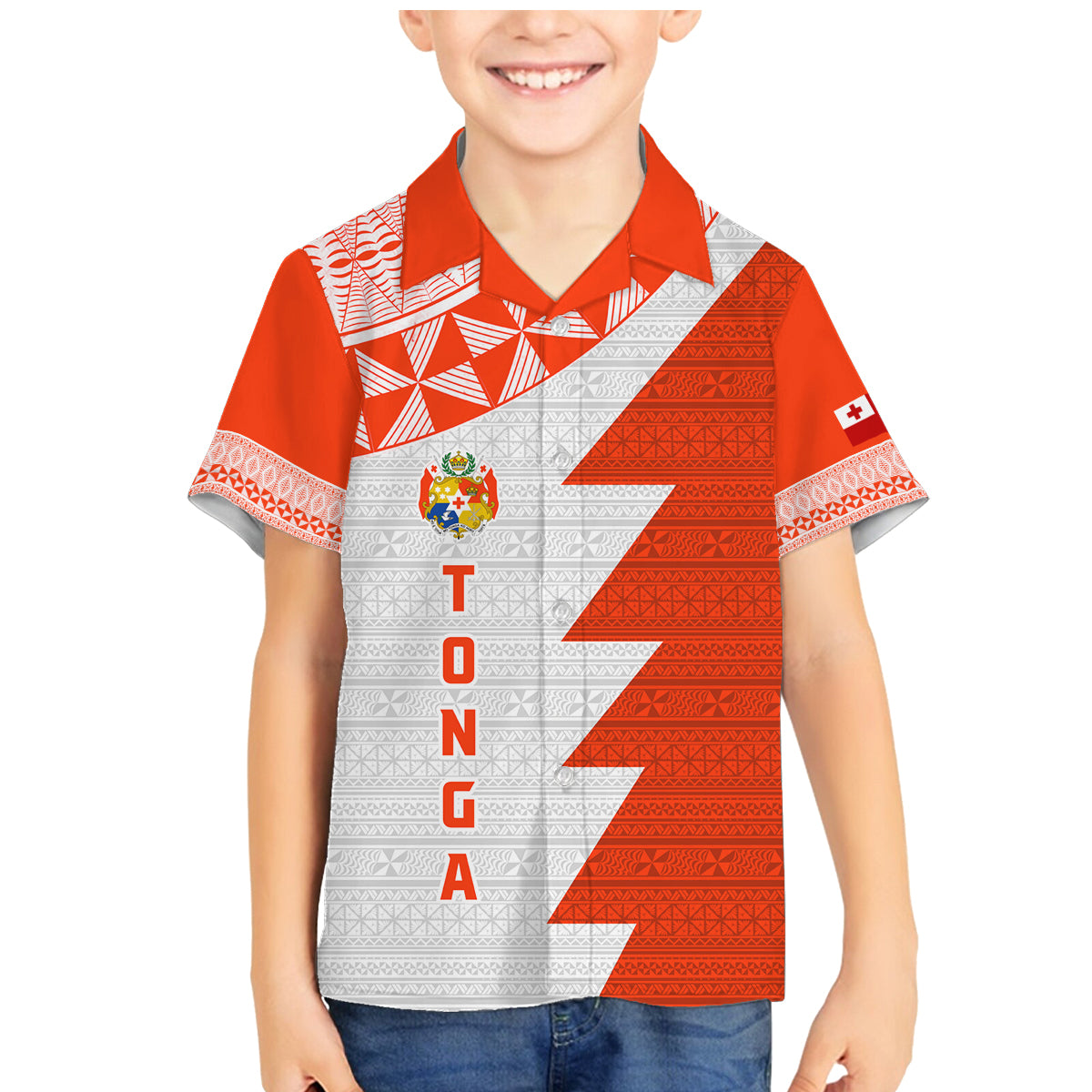 Custom Tonga Rugby Family Matching Mermaid Dress and Hawaiian Shirt Ikale Tahi Ngatu Tribal Pattern Half Style LT03 Son's Shirt Orange - Polynesian Pride