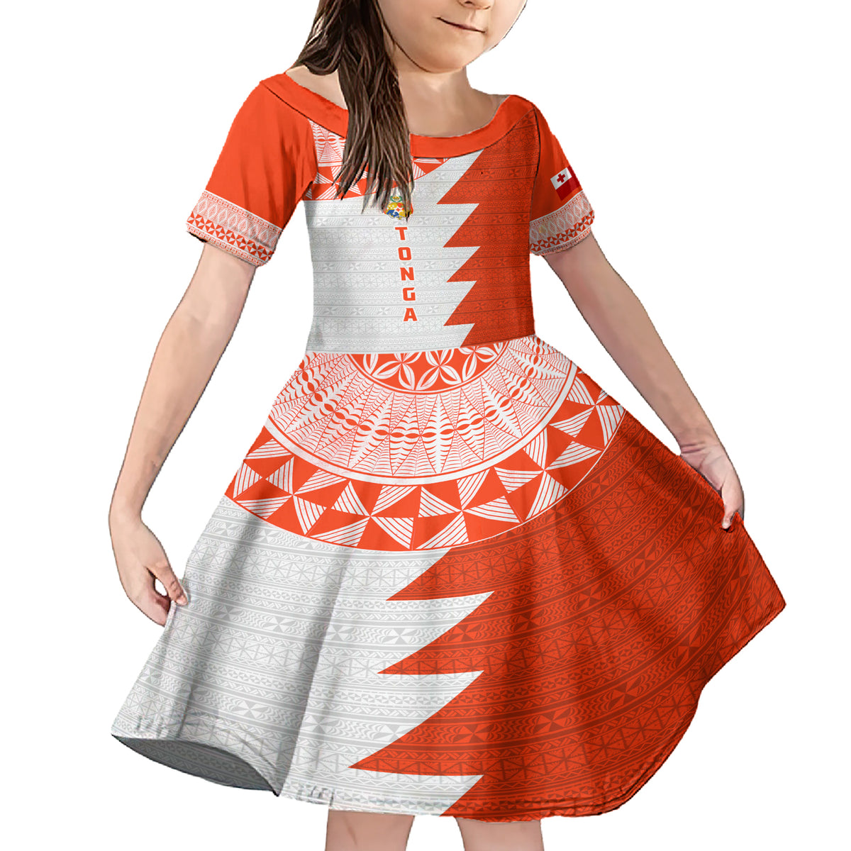Custom Tonga Rugby Family Matching Short Sleeve Bodycon Dress and Hawaiian Shirt Ikale Tahi Ngatu Tribal Pattern Half Style LT03 Daughter's Dress Orange - Polynesian Pride