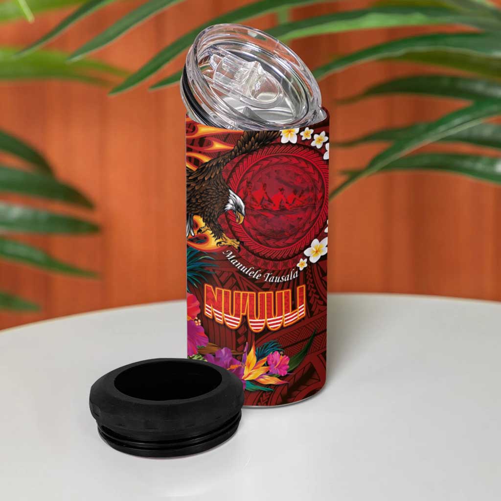 American Samoa Manulele Tausala Nu'uuli 4 in 1 Can Cooler Tumbler Tatau Art Pattern with Tropical Plants