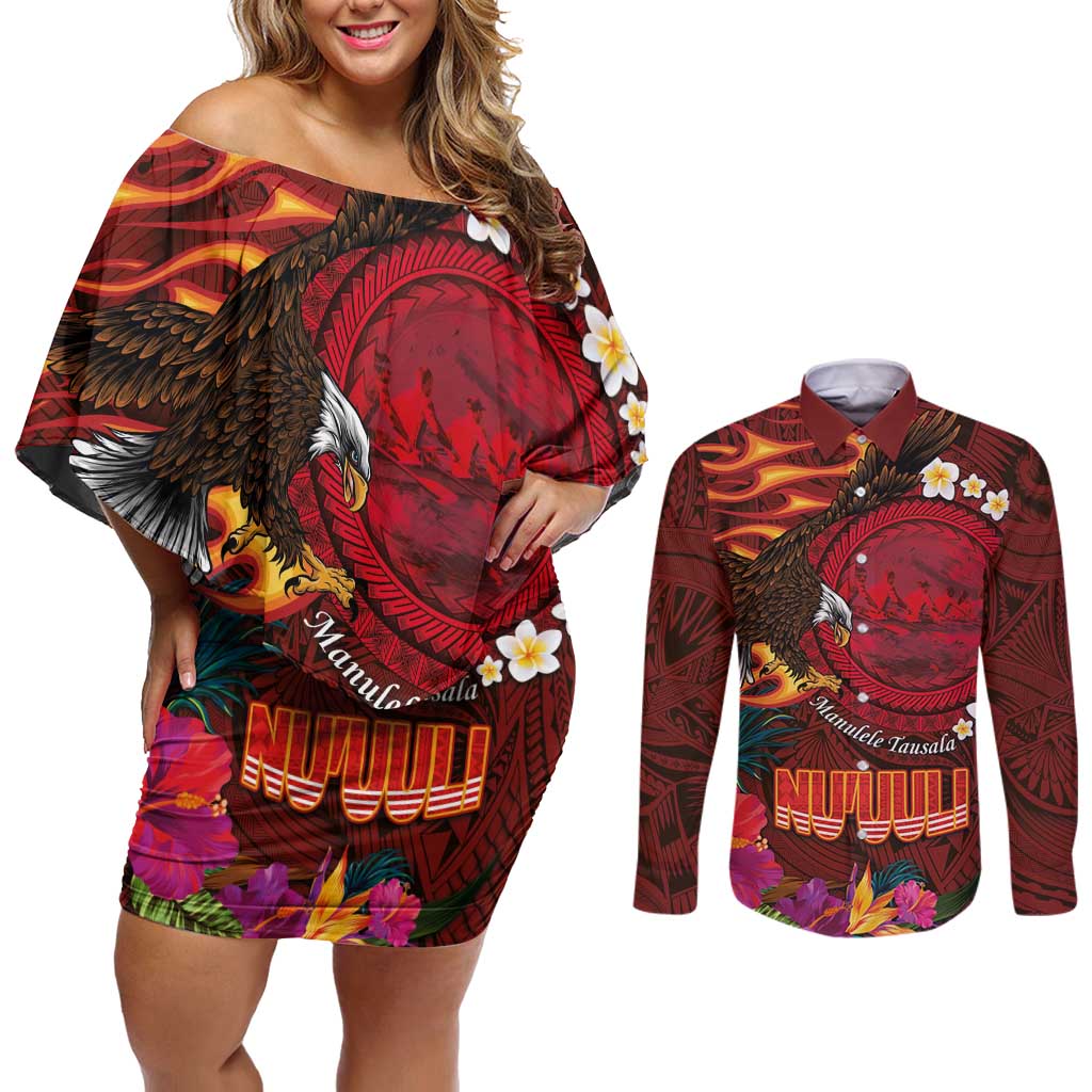 American Samoa Manulele Tausala Nu'uuli Couples Matching Off Shoulder Short Dress and Long Sleeve Button Shirt Tatau Art Pattern with Tropical Plants