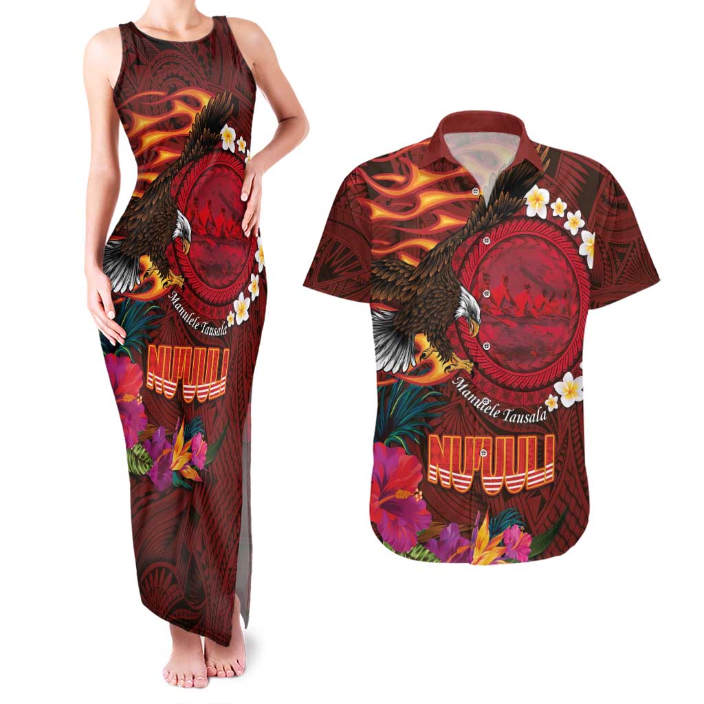 American Samoa Manulele Tausala Nu'uuli Couples Matching Tank Maxi Dress and Hawaiian Shirt Tatau Art Pattern with Tropical Plants