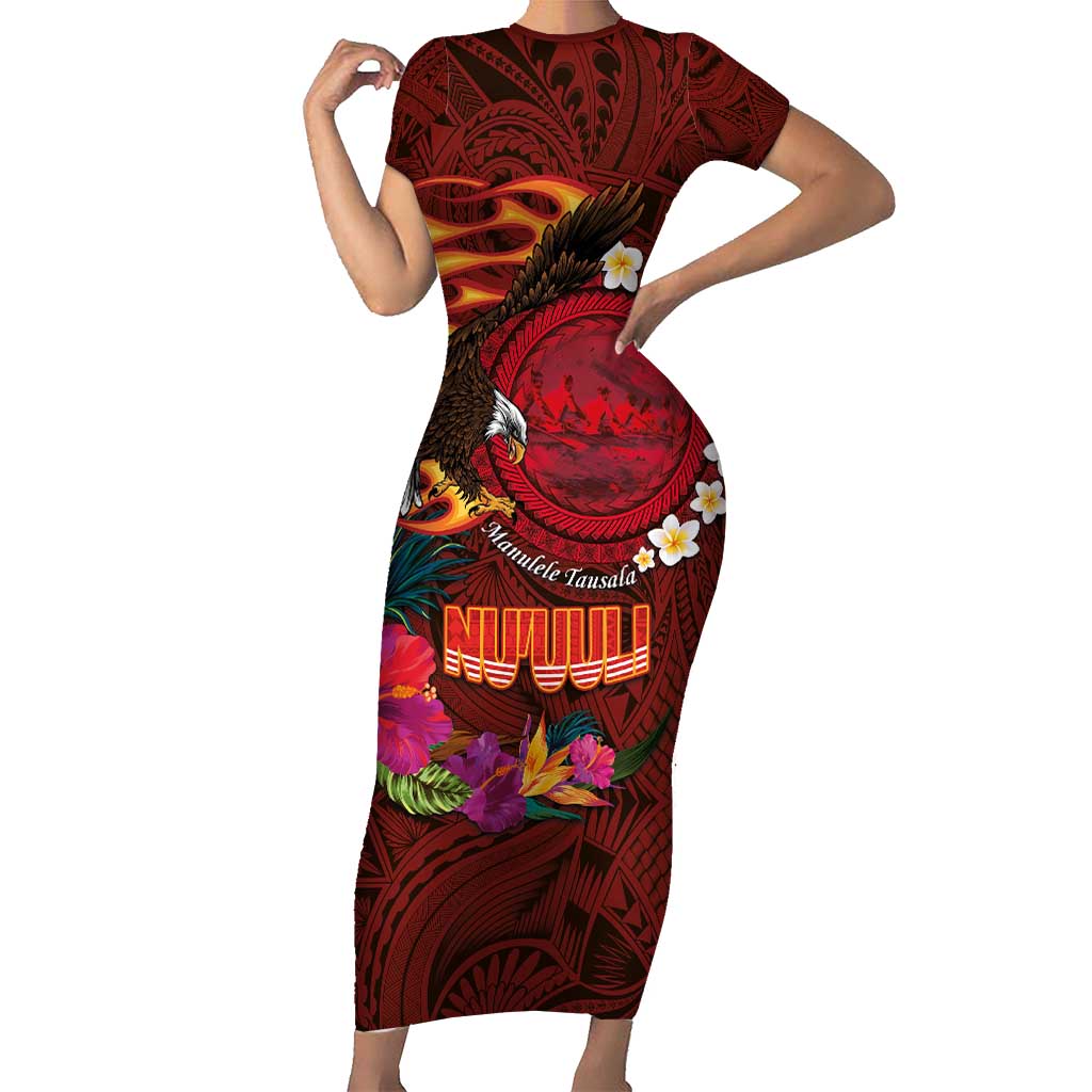 American Samoa Manulele Tausala Nu'uuli Family Matching Short Sleeve Bodycon Dress and Hawaiian Shirt Tatau Art Pattern with Tropical Plants