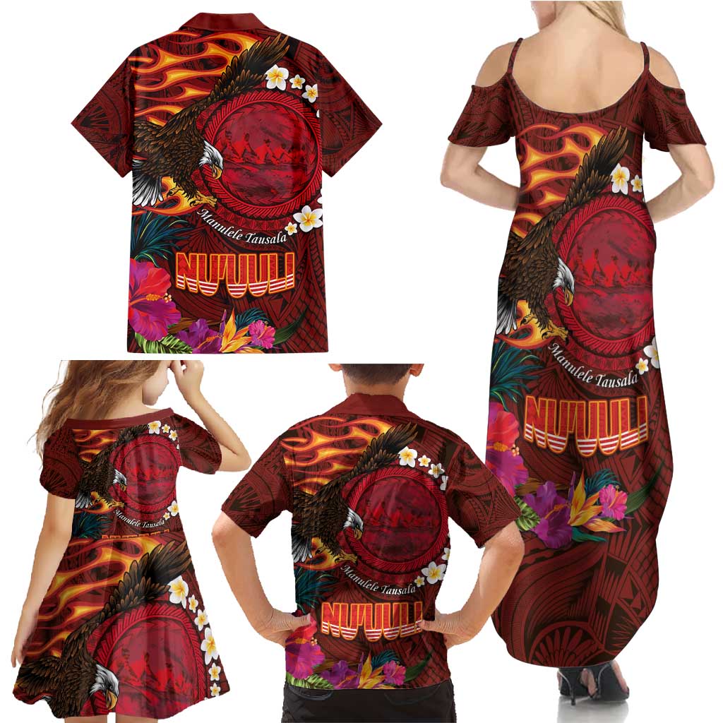 American Samoa Manulele Tausala Nu'uuli Family Matching Summer Maxi Dress and Hawaiian Shirt Tatau Art Pattern with Tropical Plants