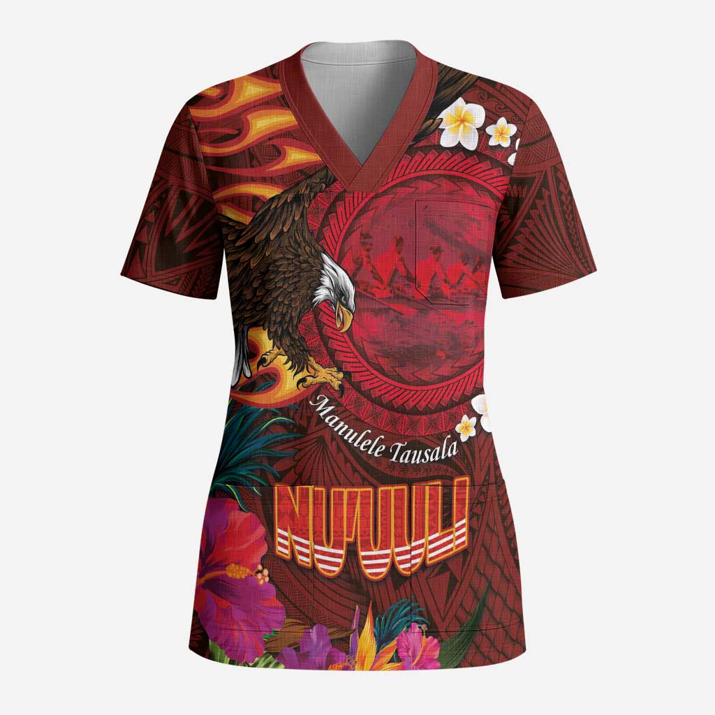 American Samoa Manulele Tausala Nu'uuli Scrub Top Tatau Art Pattern with Tropical Plants - Polynesian Pride