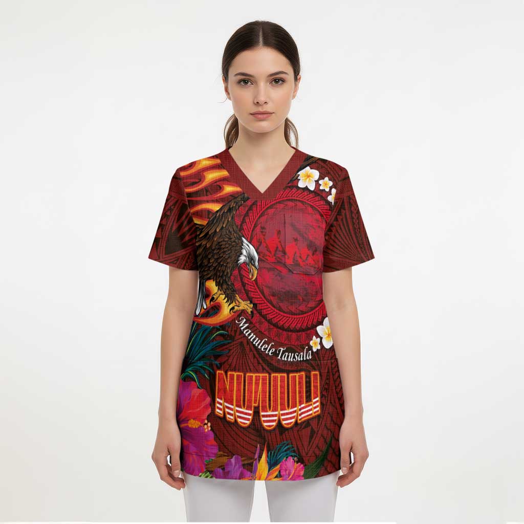 American Samoa Manulele Tausala Nu'uuli Scrub Top Tatau Art Pattern with Tropical Plants - Polynesian Pride