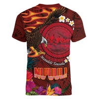 American Samoa Manulele Tausala Nu'uuli Women V-Neck T-Shirt Tatau Art Pattern with Tropical Plants