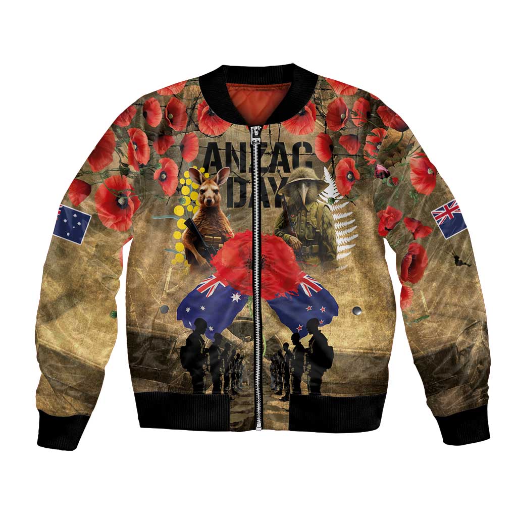 Australia and New Zealand ANZAC Day Bomber Jacket Kangaroo and Kiwi Bird Soldier-Honor and Remember Vintage Style