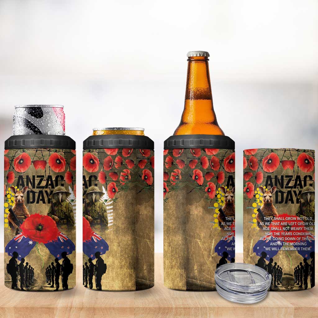 Australia and New Zealand ANZAC Day 4 in 1 Can Cooler Tumbler Kangaroo and Kiwi Bird Soldier-Honor and Remember Vintage Style