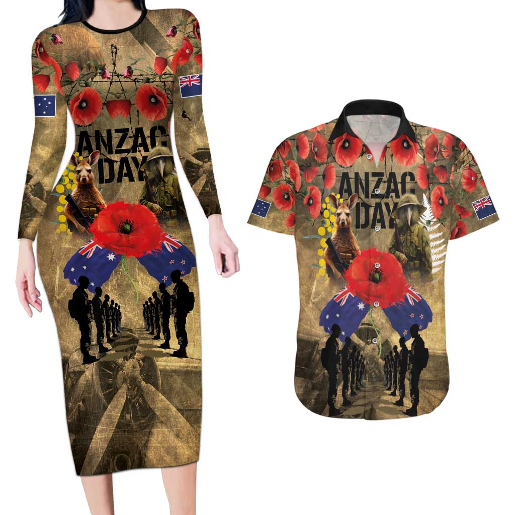 Australia and New Zealand ANZAC Day Couples Matching Long Sleeve Bodycon Dress and Hawaiian Shirt Kangaroo and Kiwi Bird Soldier-Honor and Remember Vintage Style