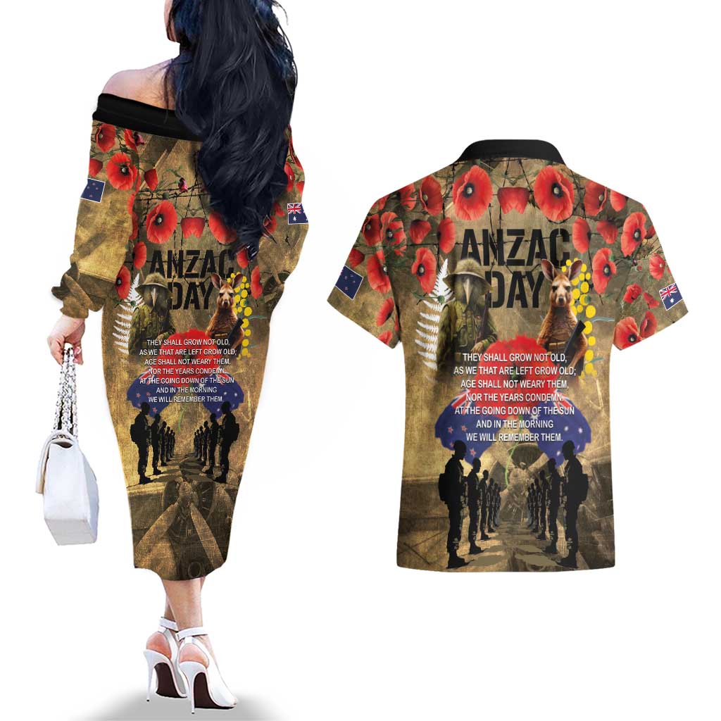 Australia and New Zealand ANZAC Day Couples Matching Off The Shoulder Long Sleeve Dress and Hawaiian Shirt Kangaroo and Kiwi Bird Soldier-Honor and Remember Vintage Style